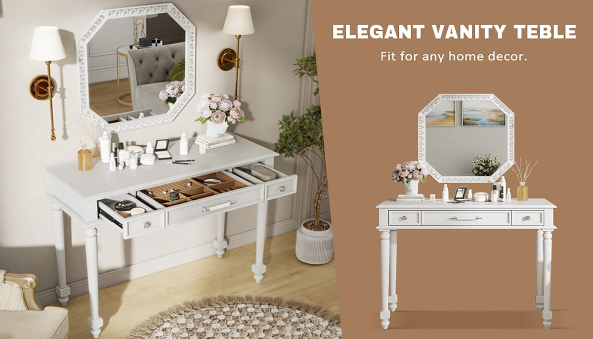 White Makeup Desk with Mirror - 3 Drawers, Storage Console Table for Bedroom