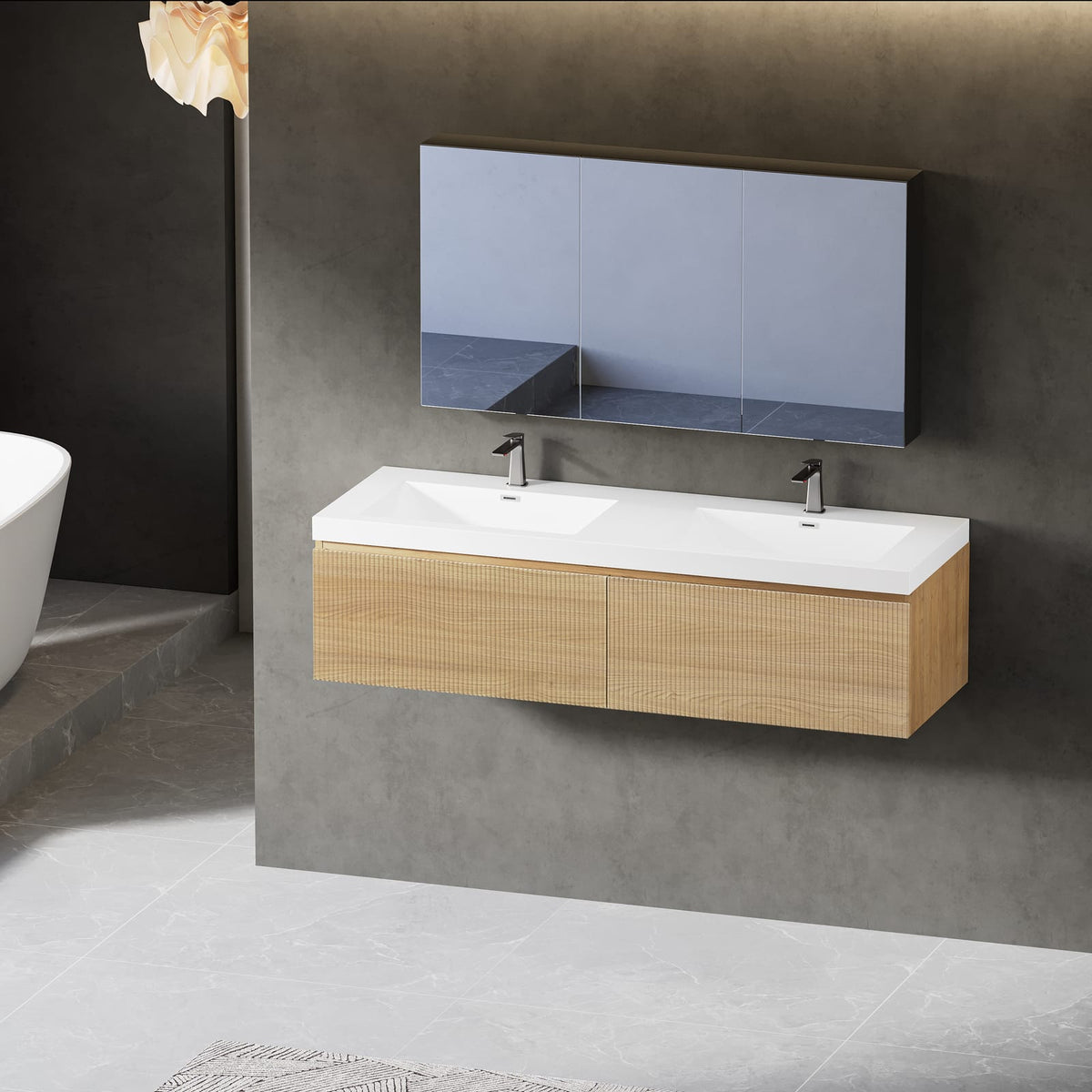 60" Floating Bathroom Vanity with Sink - Oak & White