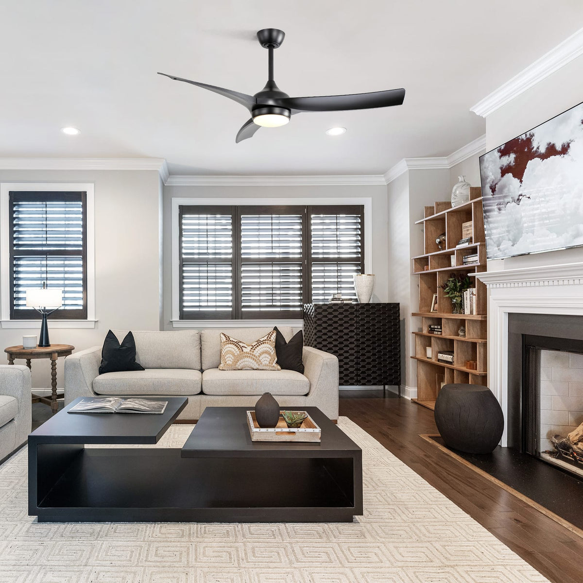 52 Inch Matte Black Ceiling Fan with Remote Control and Dimmable Light