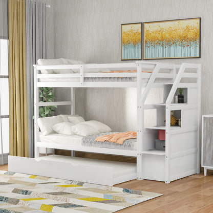 Twin-Over-Twin Bunk Bed with Trundle - White Solid Wood
