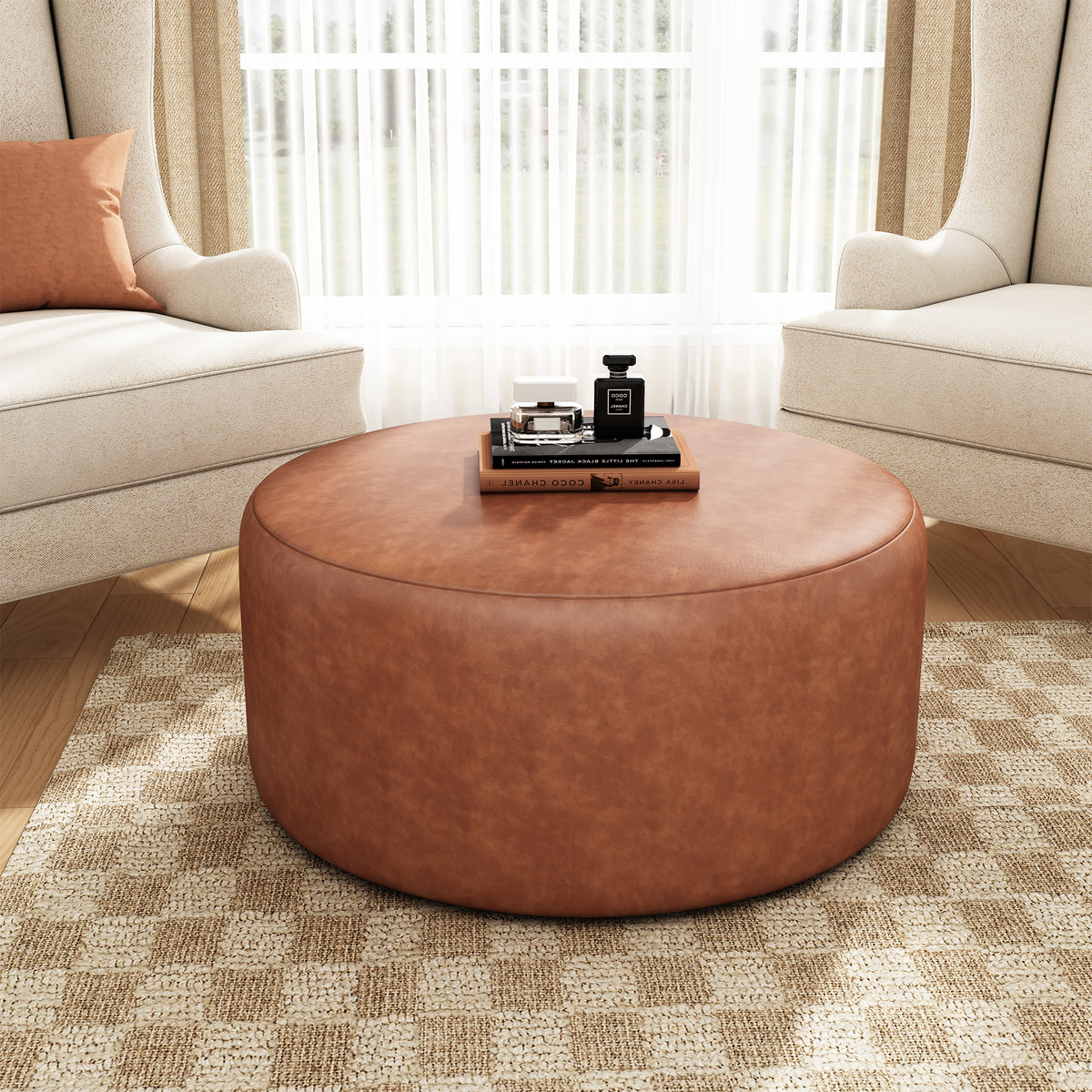 Brown Faux Leather Ottoman - 30" Round Footrest for Living Room