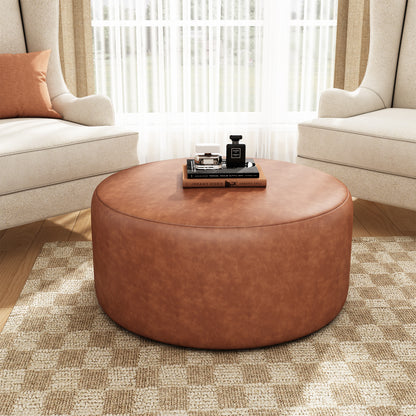 Brown Faux Leather Ottoman - 30" Round Footrest for Living Room