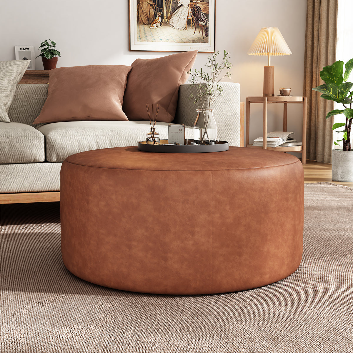 Brown Faux Leather Ottoman - 30" Round Footrest for Living Room