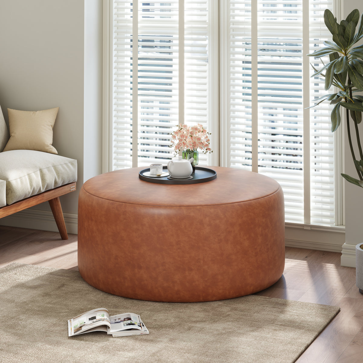 Brown Faux Leather Ottoman - 30" Round Footrest for Living Room