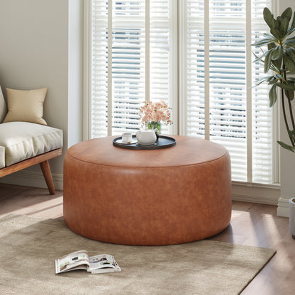 Brown Faux Leather Ottoman - 30" Round Footrest for Living Room