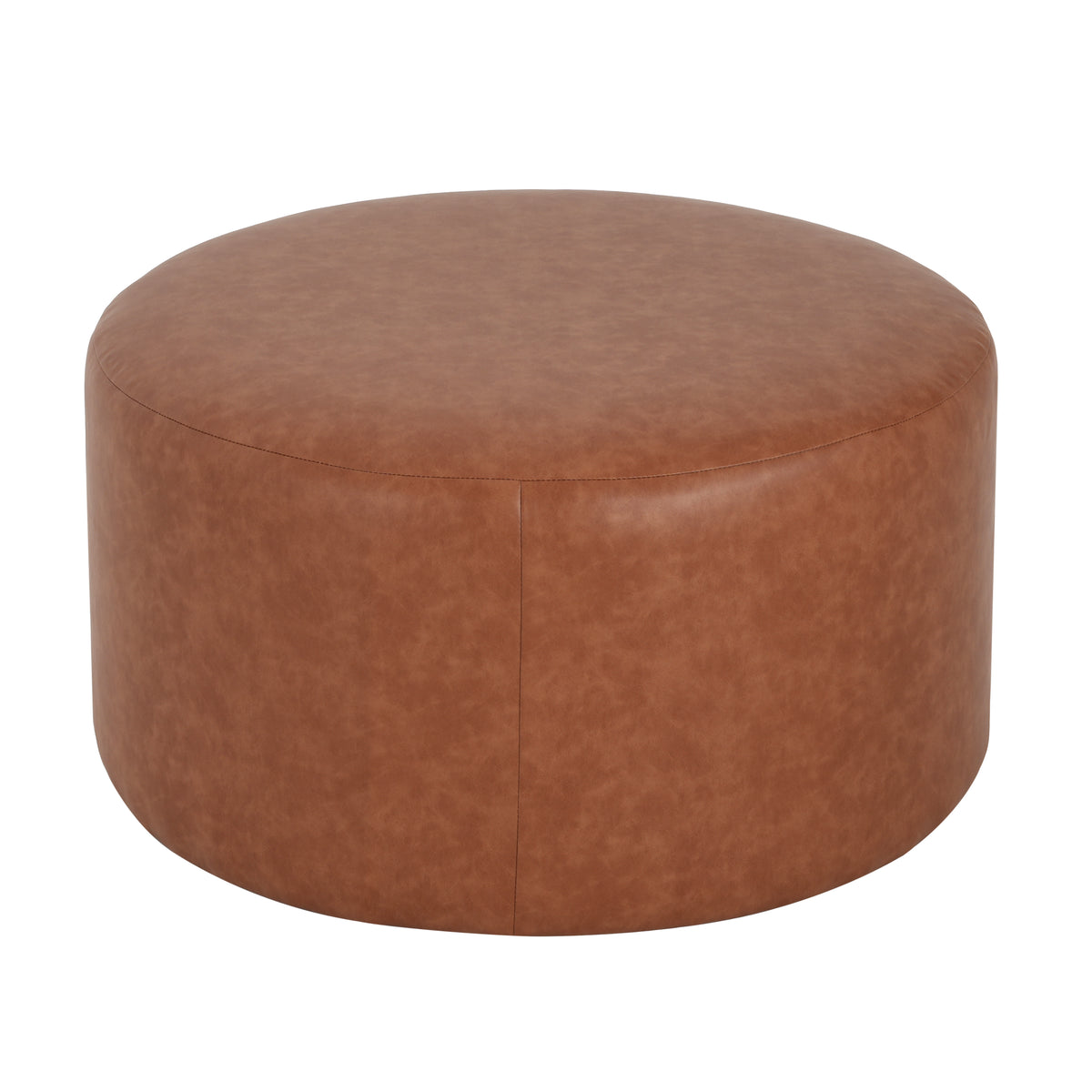 Brown Faux Leather Ottoman - 30" Round Footrest for Living Room