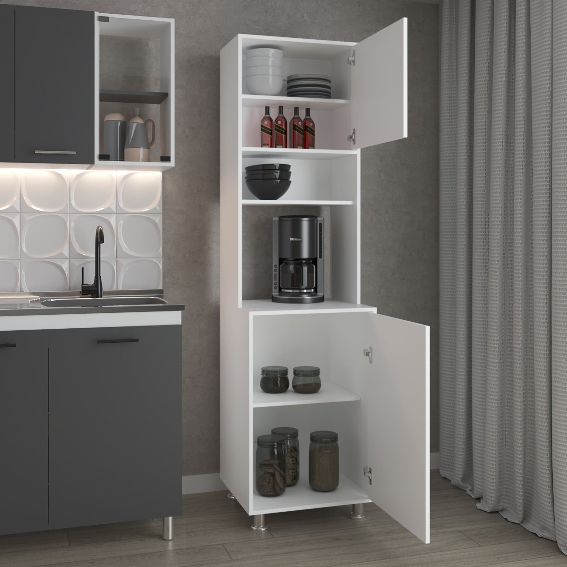 White Kitchen Pantry with Open Shelves & Storage for Dining Room