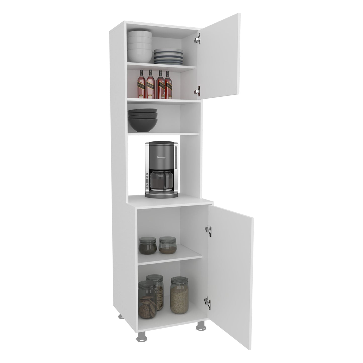 White Kitchen Pantry with Open Shelves & Storage for Dining Room